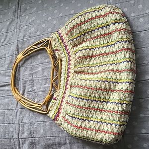 Vintage Tan Striped Purse with Wooden Rattan Handles